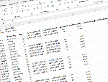 Die Zeiterfassung erfüllt nicht nur die gesetzlichen Anforderungen, sondern liefert auch alle notwendigen Daten für eine fehlerfreie und detaillierte Abrechnung/Auflistung. Der Export erfolgt im echten Excell oder dem freien CSV-Format.